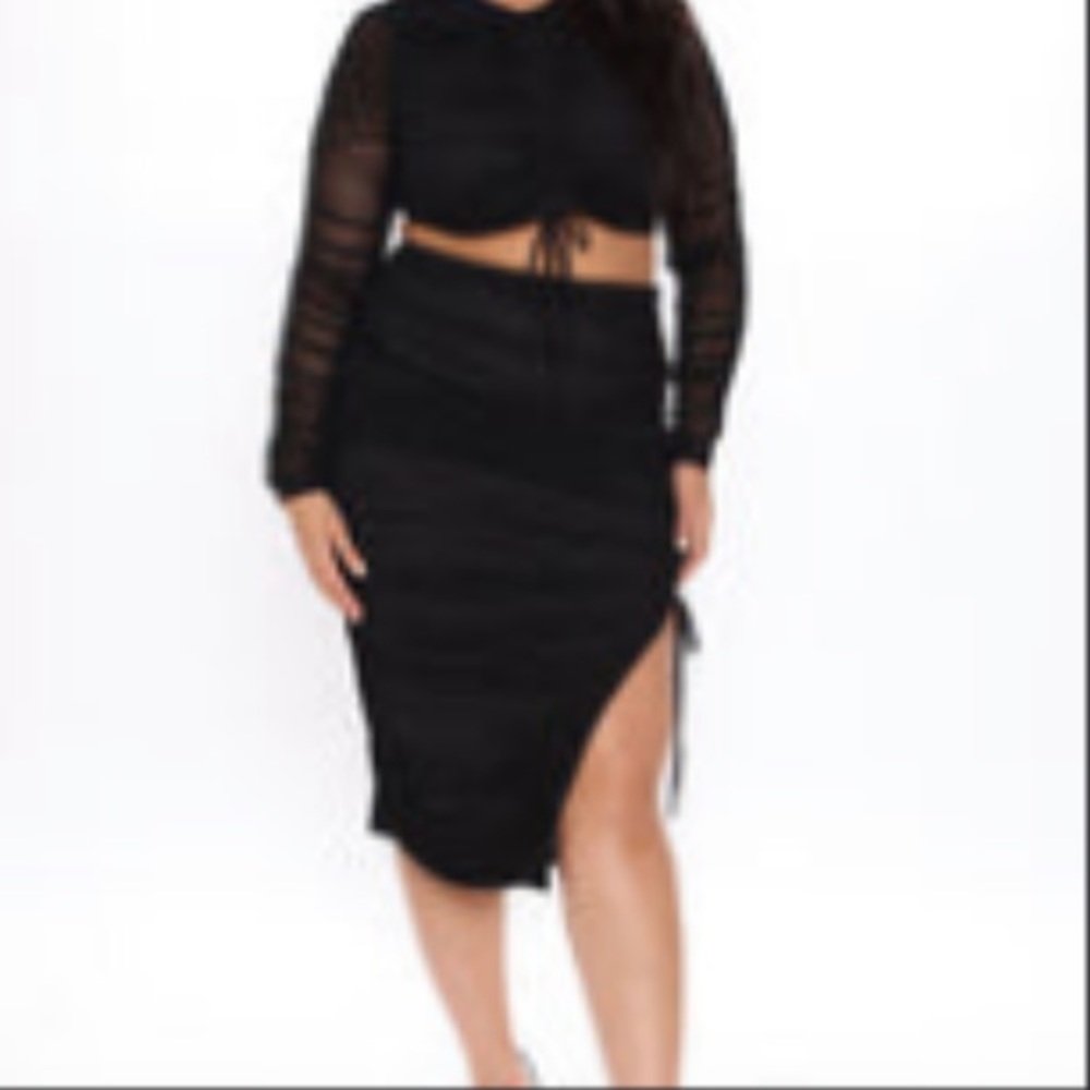 Fashion Nova Mesh Ruching Crop Top Skirt Set